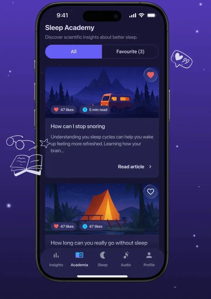 Moonap Sleep Academy with categorized articles on sleep science and sleep hygiene