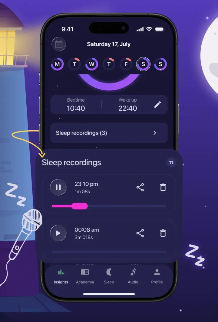 Moonap sleep recorder with nighttime audio recordings