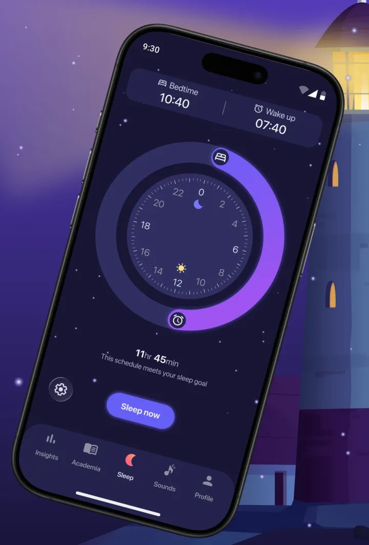 Moonap sleep tracker app — main sleep screen with alarm clock and session controls