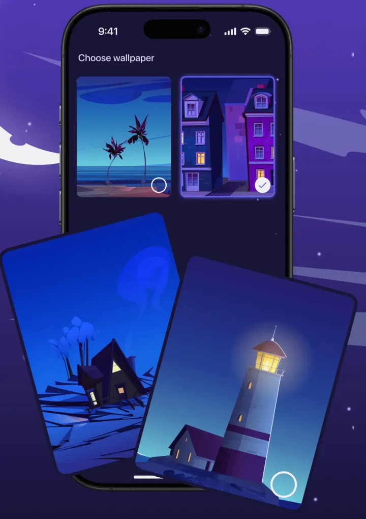 Moonap app theme selection screen with night-themed wallpapers